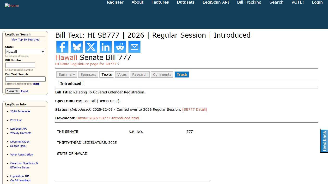 Bill Text: HI SB777 2026 Regular Session Introduced LegiScan